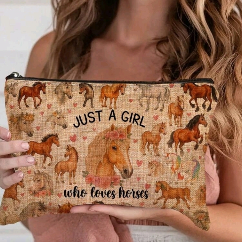 Just A Girl Who Loves Horses Equestrian Print Cosmetic Zip Pouch Purse
